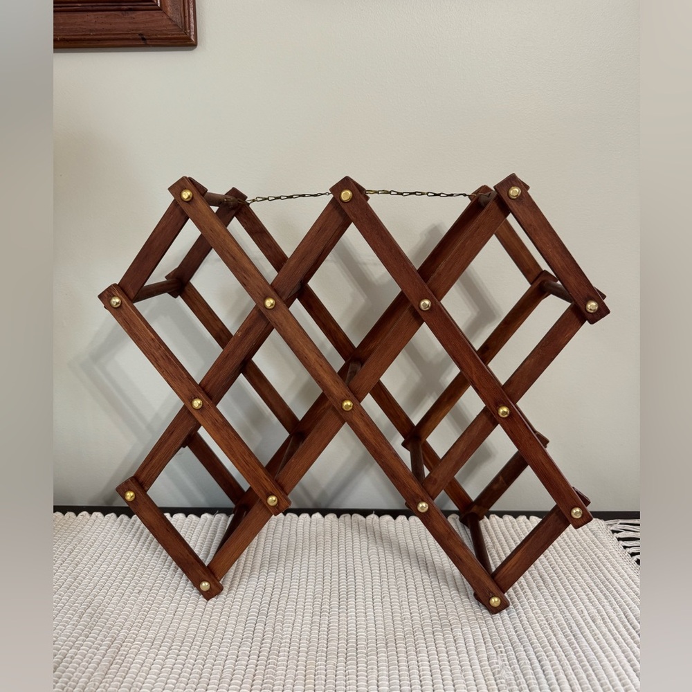 Vintage Collapsible Wooden Magazine Rack with Brass Accents
